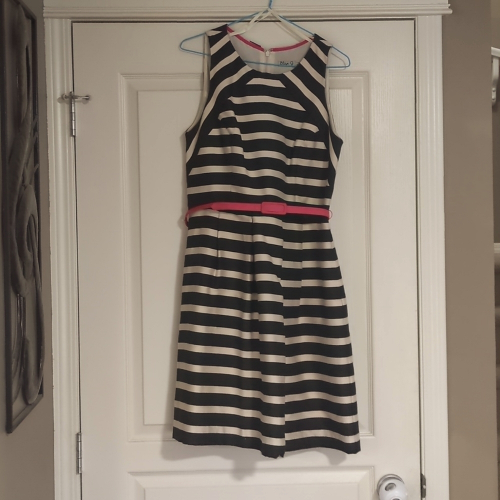 Eliza J Black and White Striped Dress with Pink Belt